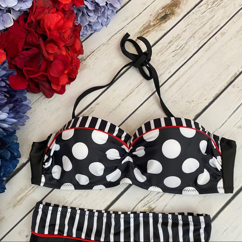 Retro Black & White Dot High Waist Push-Up Bikini - Picture 11 of 16